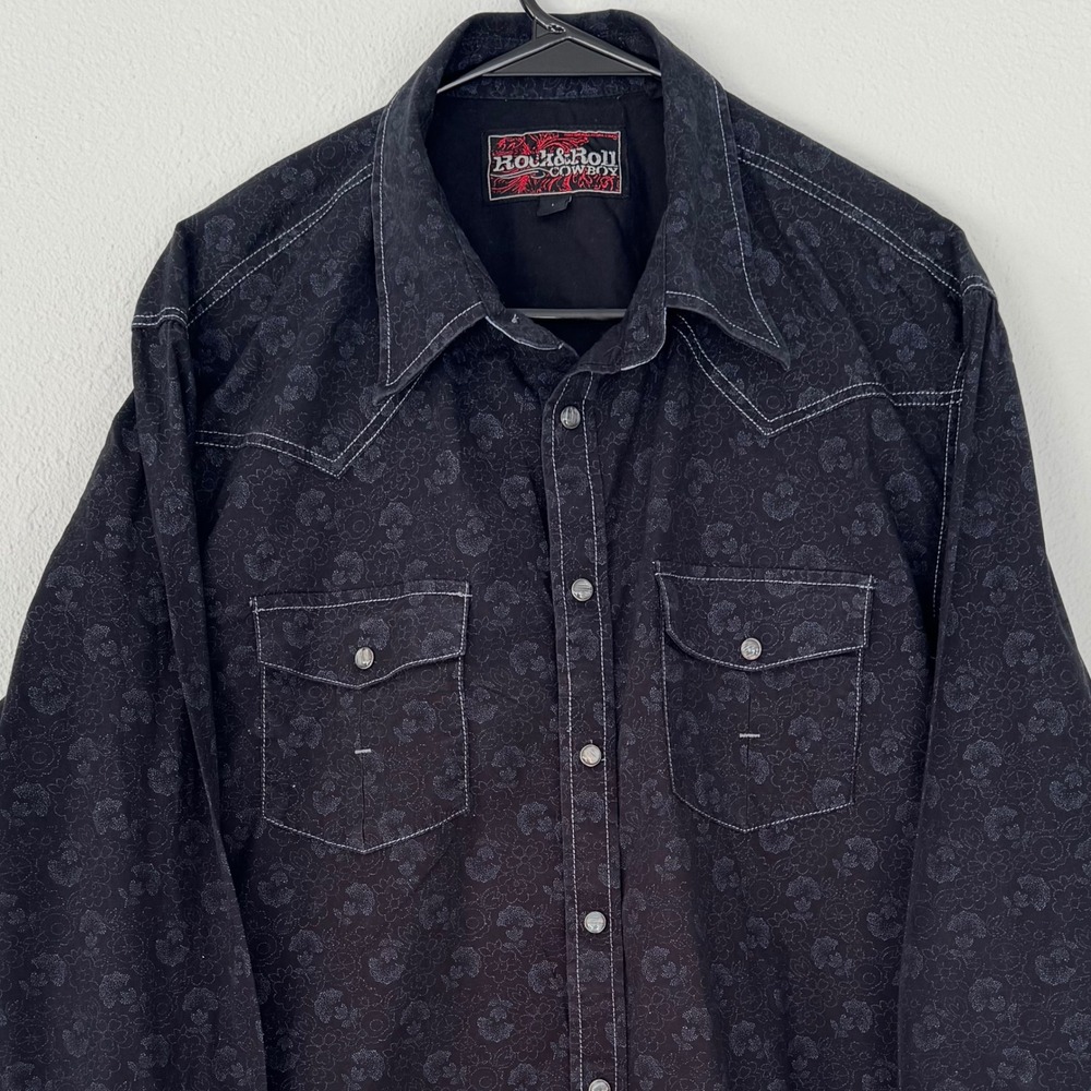 Rock & Roll Cowboy Floral Print Western Shirt Mens Long Sleeve Button Up Black L